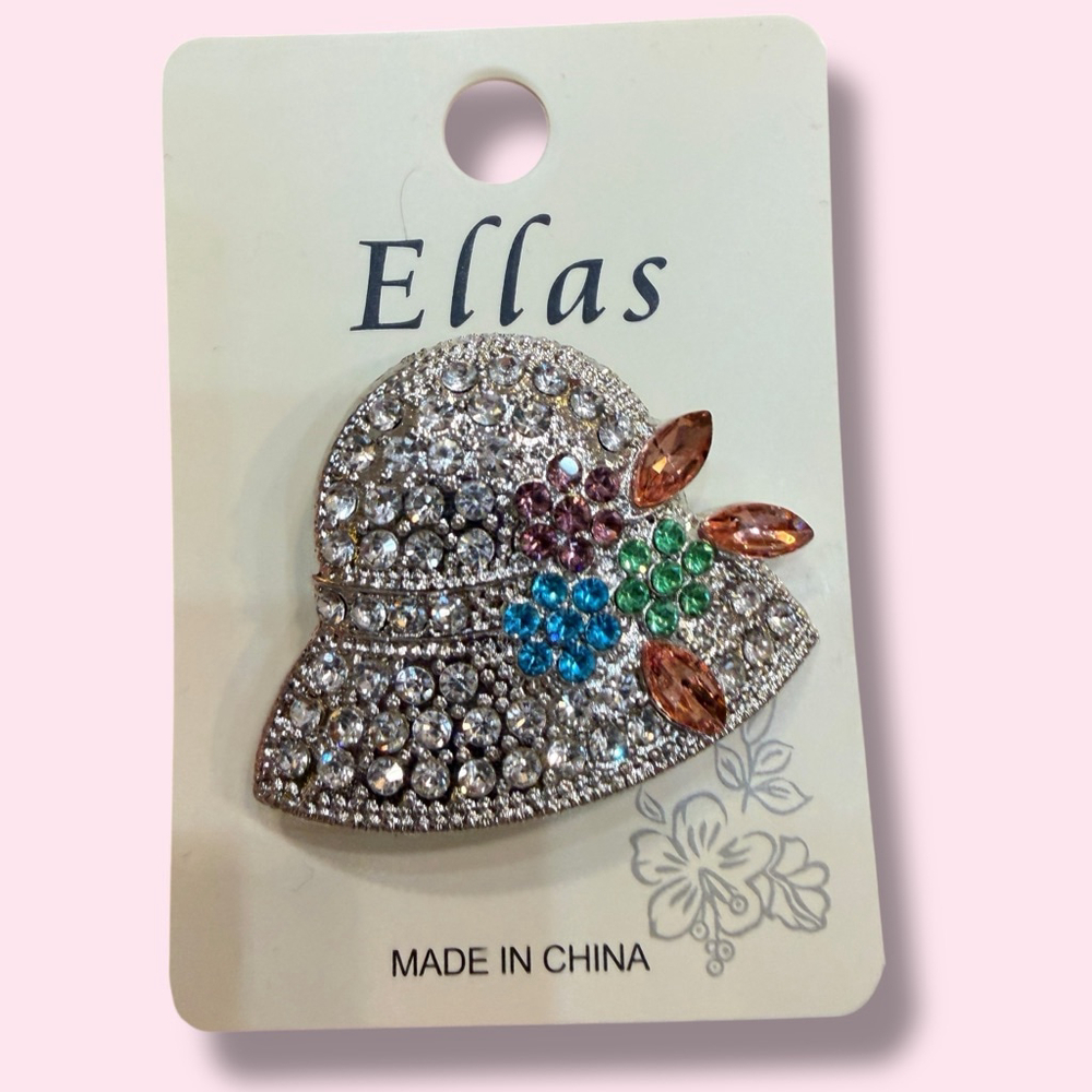 Ellas Sparkly Rhinestone Hat Brooch Pin Floral Accent Silver Tone New